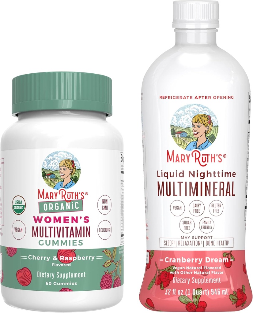 Gummies multivitamines de MaryRuth pour les femmes (Cherry & Raspberry) et liquide nocturne multiminérale (Cranberry) - Projet d'étiquette propre Vérifié® -Végétalien, non-OGM - Beauté, coucher, santé globale