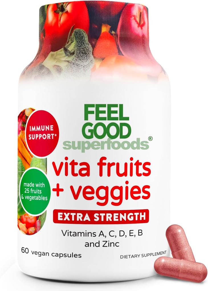 FeelGood Superfoods 1000mg Capsules de soutien immunitaire fabriquées avec 25 fruits et légumes biologiques, des stimulants d'immunité forts avec des vitamines A, C, D3 et Zinc, 60 Compte