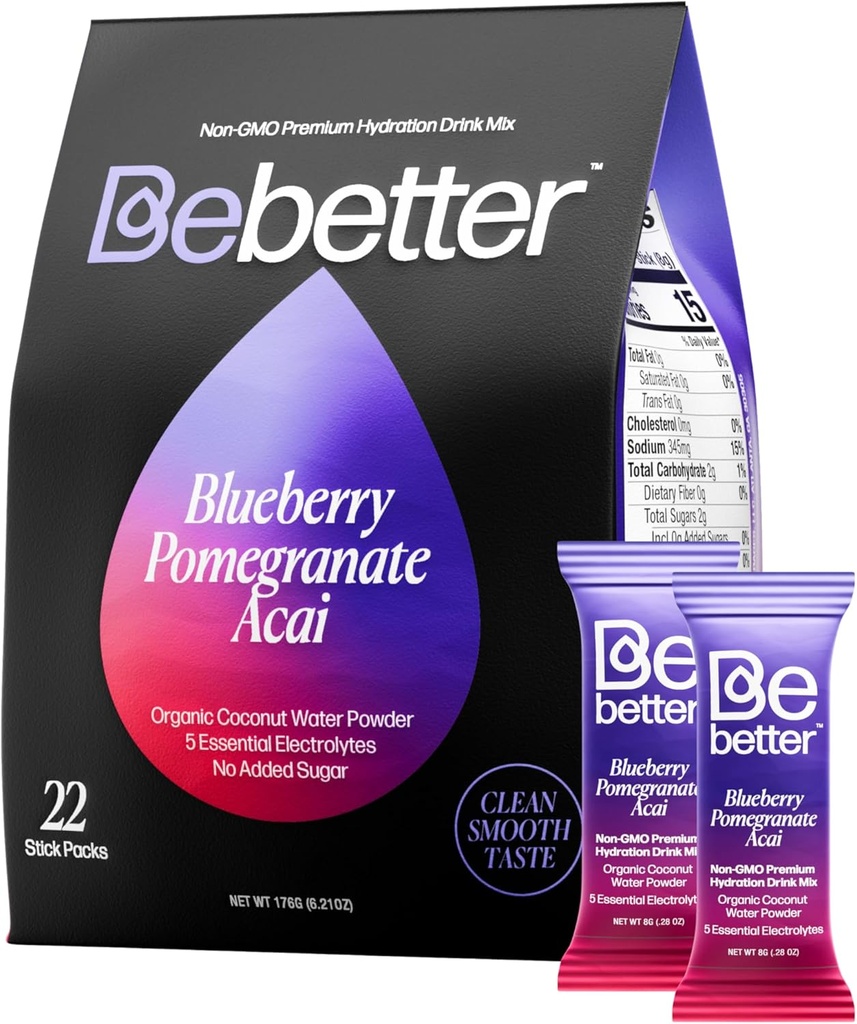 BeBetter Organic Electrolytes Powder Packets.com Mélange de boissons électrolytes.com Eau de coco biologique.com Pas d'arômes artificiels.com Packs d'hydratation sans sucre.