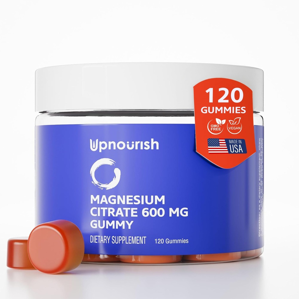 UpNourish Magnesium Gummies pour adultes et enfants Magnesium Citrate Gummies 600mg, Supplément Calme pour la relaxation musculaire, la santé osseuse et digestive, Citrato de Magnesio, Vegan, Non-OGM, 120 Comte