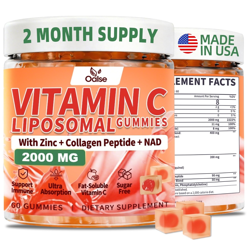2000mg Liposomal Vitamin C Gummies for Adults, Elderberry Vitamin C and Zinc, NAD, Elderberry, NAD,for Immune Support Supplement, Sugar Free, 60 Counts, Orange Flavor