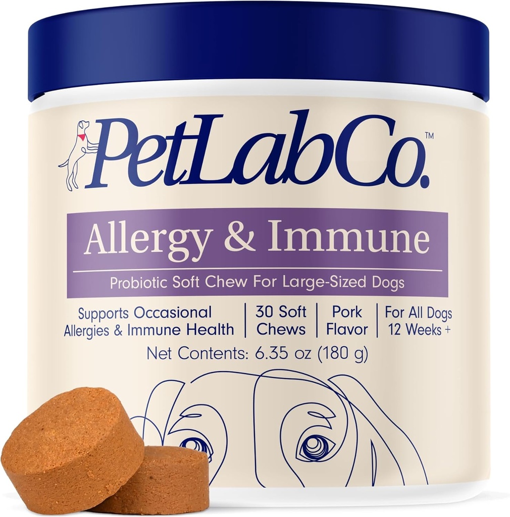 PetLab Co. Allergies et immunitaires probiotiques quotidiens pour chiens. Supporte la production de levures, allergies saisonnières, Itchiness intermittente, Gut et santé digestive pour les grands chiens - 30 Chews - Emballage Mai Varier
