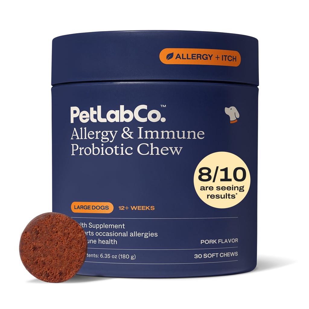 PetLab Co. Allergies et immunitaires probiotiques quotidiens pour chiens. Supporte la production de levures, allergies saisonnières, Itchiness intermittente, Gut et santé digestive pour les grands chiens - 30 Chews - Emballage Mai Varier