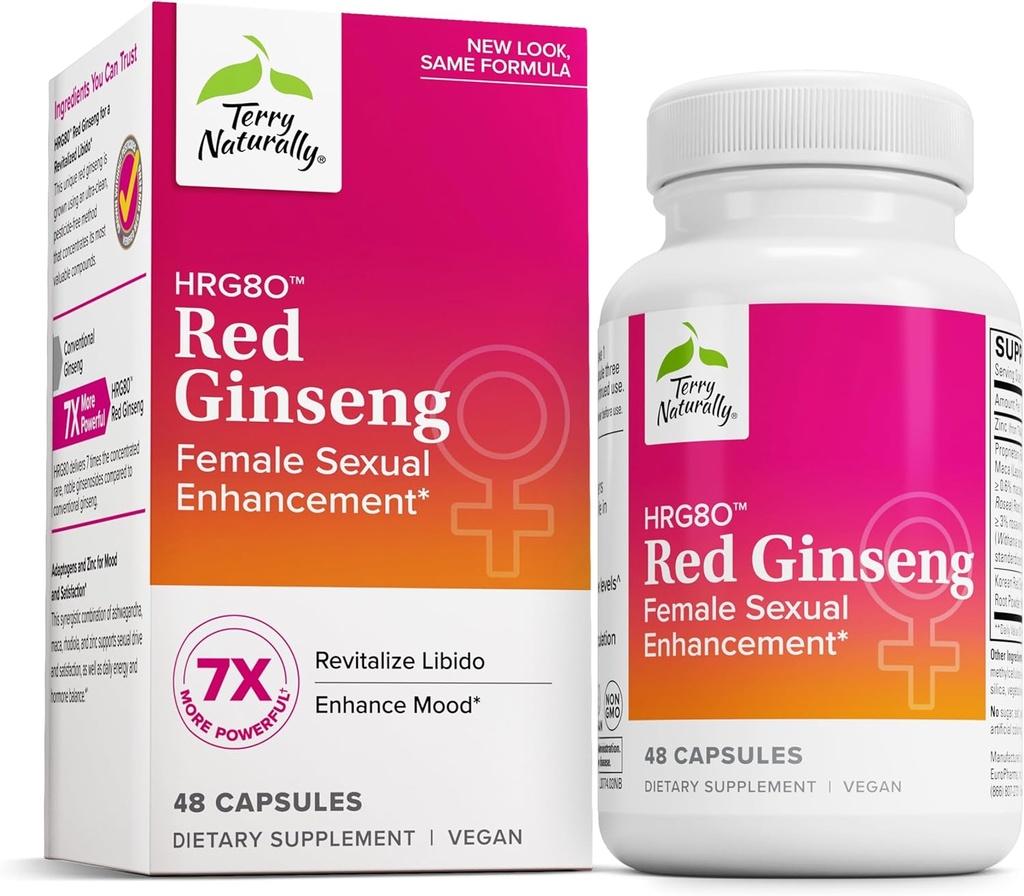 Terry naturellement HRG80 Red Ginseng Female Sexual Enhancement - Supplément diététique pour la circulation, l'endurance et le soutien énergétique - Soutien de la vitalité avec Ashwagandha, Red Ginseng & Zinc - 48 capsules
