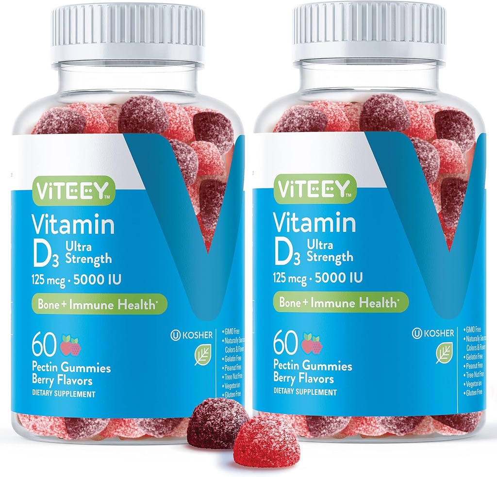 Viteey Vitamin D3 Gummies for Adults & Teens - 5,000 IU, 125mcg, Ultra Strength - Joint & Muscle Health, Immune Boost - Chewable Vitamin D Gummies - Vegetarian, Gelatin Free - Tasty Berry Flavored