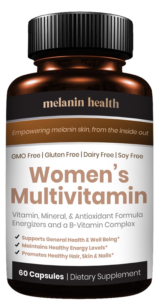 Melanin Health Women's Multivitamin Supplement for Energy, Focus, Mood, Hair, Skin & Nails - Womens Daily Multivitamins A, C, D, E, B12, Zinc, Calcium, and Biotin. Women's Vitamins