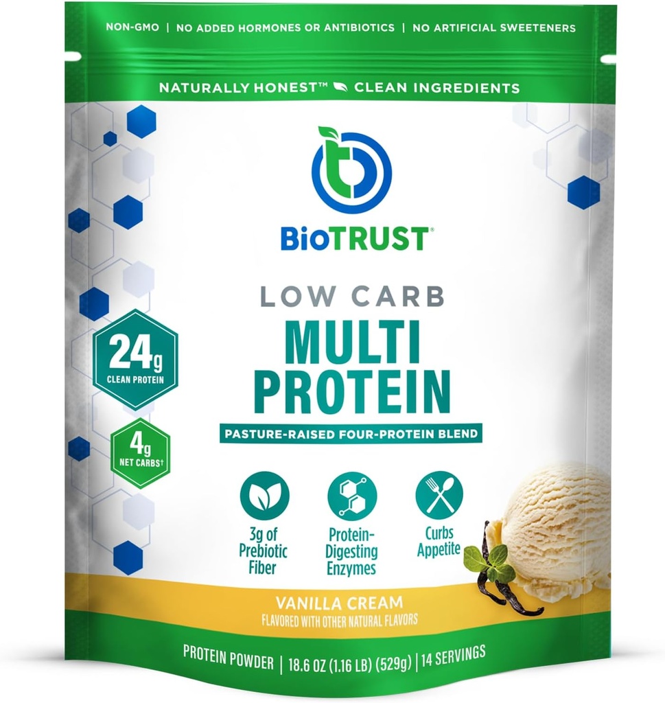 BioTrust Poudre de protéines à faible teneur en glucides – Mélange naturel et délicieux de lactosérum et de caséine de vaches sans hormones alimentées par l'herbe – Non OGM, sans soja, sans gluten, sans hormones (Vanilla)