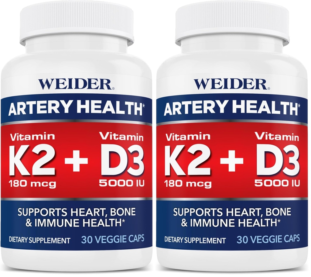 Weider Artery Health - Artery Flexibility & Heart Health - with Vitamin K2, D3 & Ginger - Bone & Immune Support* - Gluten Free & Vegan - 30 Veggie Capsules (Pack of 2)