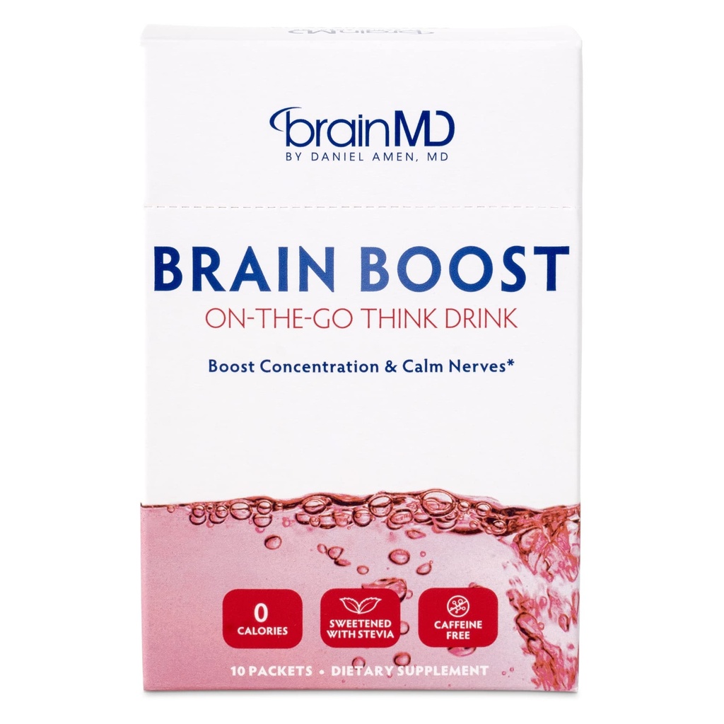 BRAINMD Dr Amen Cerveau Boost On The Go - 10 Packets, Berry Flavor - Nootropic Drink Powder, favorise la concentration, la clarté et l'énergie mentale - sans caféine, sans gluten - 10 portions