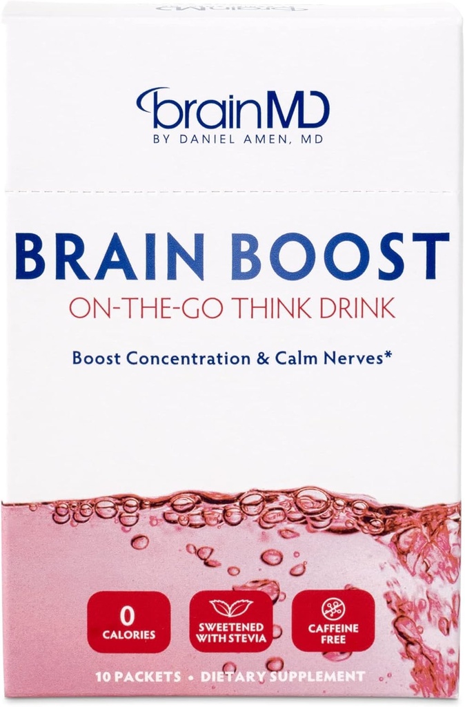 BRAINMD Dr Amen Cerveau Boost On The Go - 10 Packets, Berry Flavor - Nootropic Drink Powder, favorise la concentration, la clarté et l'énergie mentale - sans caféine, sans gluten - 10 portions