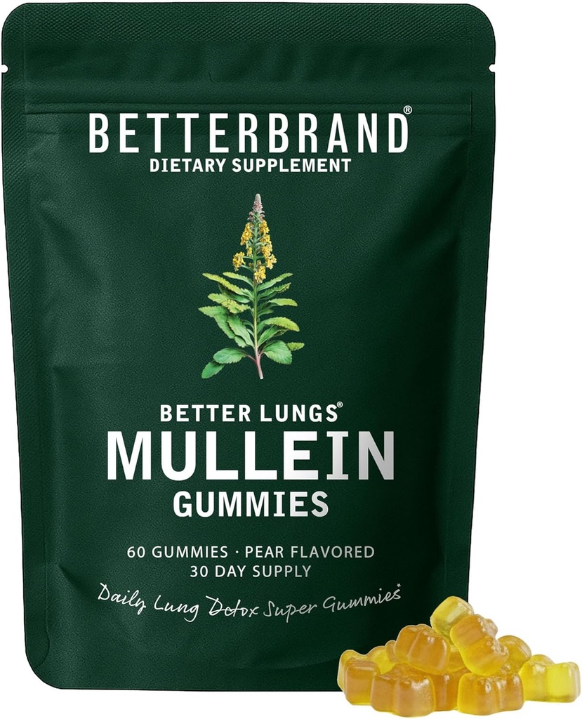 Betterbrand Mullein Gummies pour les poumons – Supplément à base de plantes de 1000mg pour la désintoxication pulmonaire et le soutien respiratoire – Arôme des poires Gummy respiratoire à croquer – 30 jours d'approvisionnement