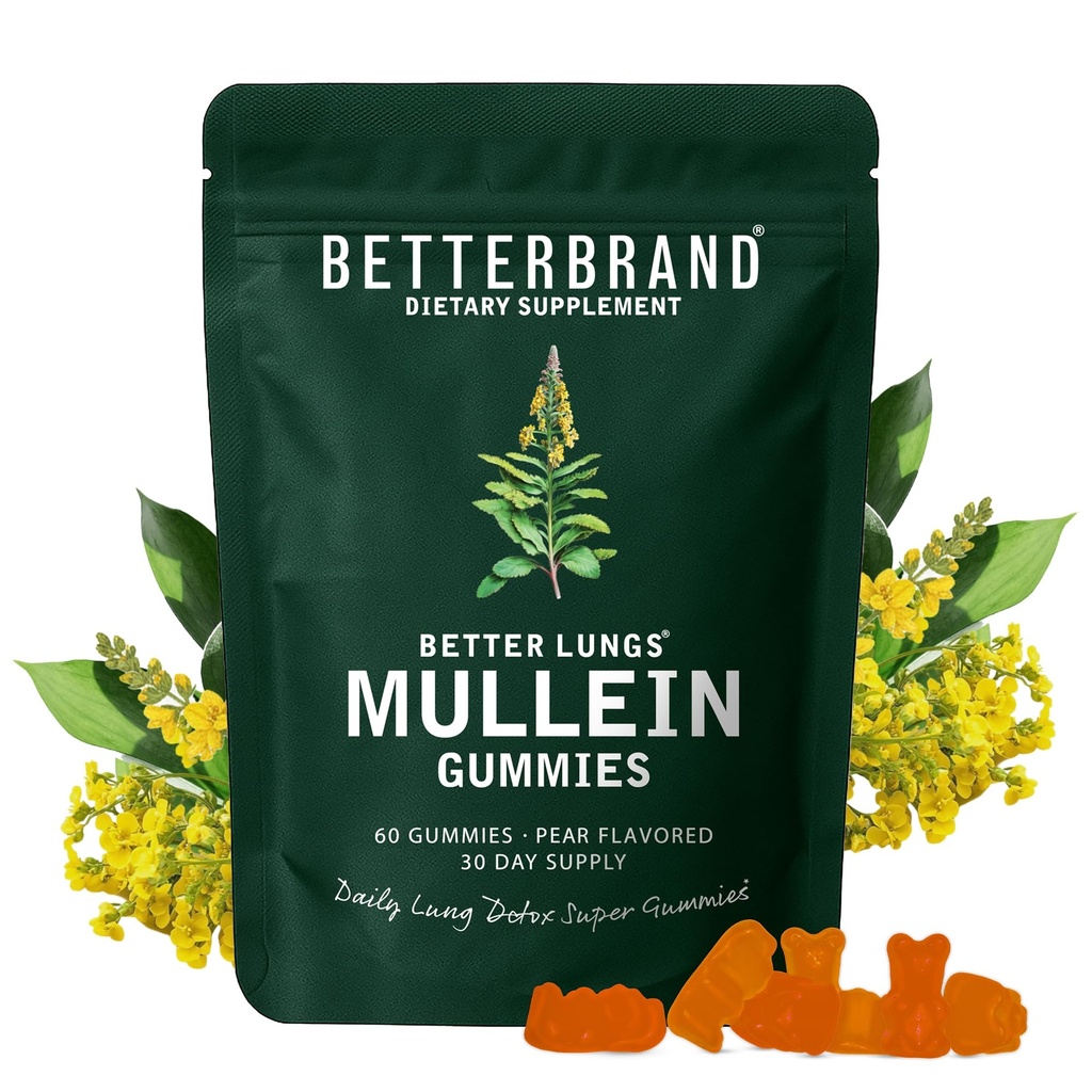 Betterbrand Mullein Gummies pour les poumons – Supplément à base de plantes de 1000mg pour la désintoxication pulmonaire et le soutien respiratoire – Arôme des poires Gummy respiratoire à croquer – 30 jours d'approvisionnement