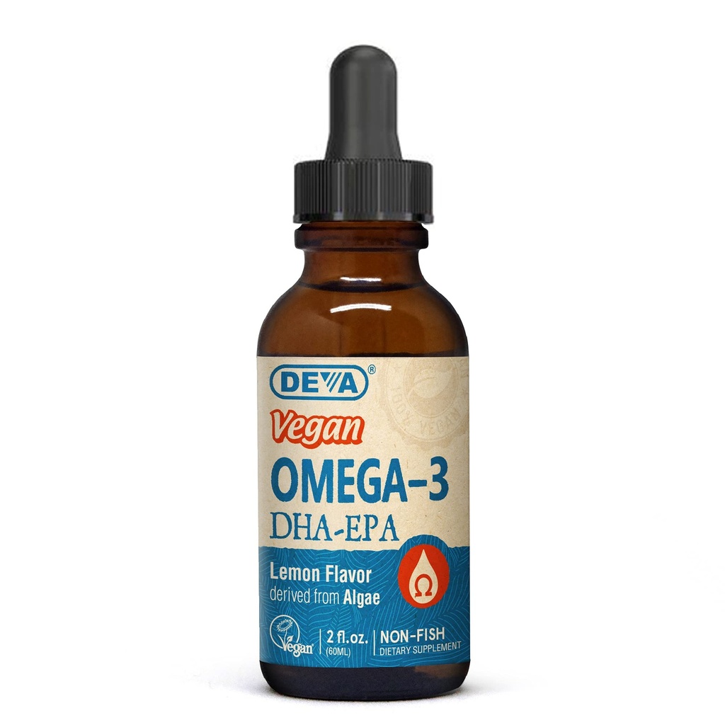 DEVA Vegan Omega-3 Liquid DHA - EPA, Non Fish from Algae, Lemon Flavor, 2 Once