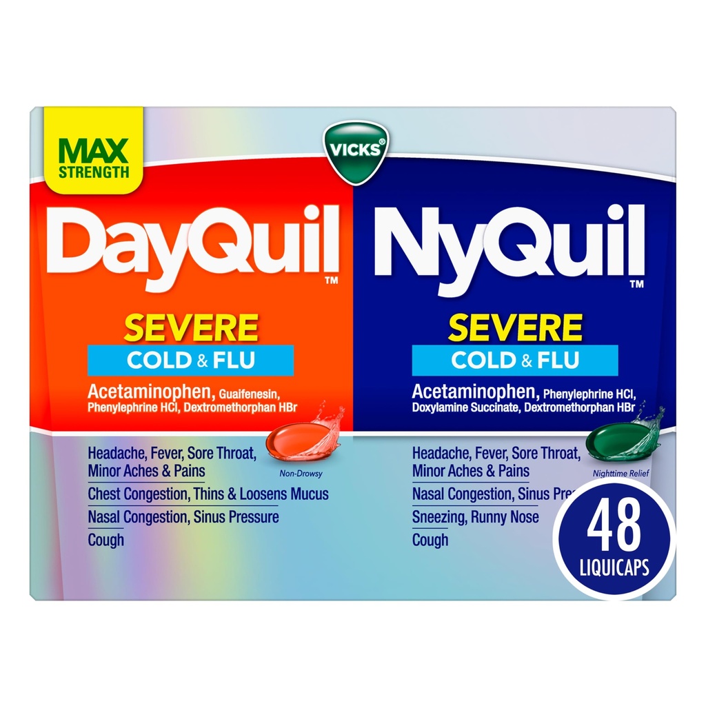 VICKS DayQuil & NyQuil SEVERE Co-pack, Cold & Flu Medicine, puissant soulagement pour les maux de tête, la fièvre, la gorge douloureuse, les douleurs et les douleurs mineures, la congestion, la pression sinusale, le nez étouffant et la toux, 48 LiquiCaps