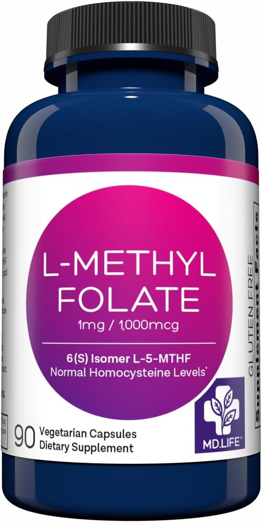 MD Life L-méthylfolate 1 mg Supplément - Supplément de méthylfolate actif de catégorie professionnelle - 90 capsules - L-méthylfolate 1mg - Potence maximale MTHFR W/ Acides aminés essentiels