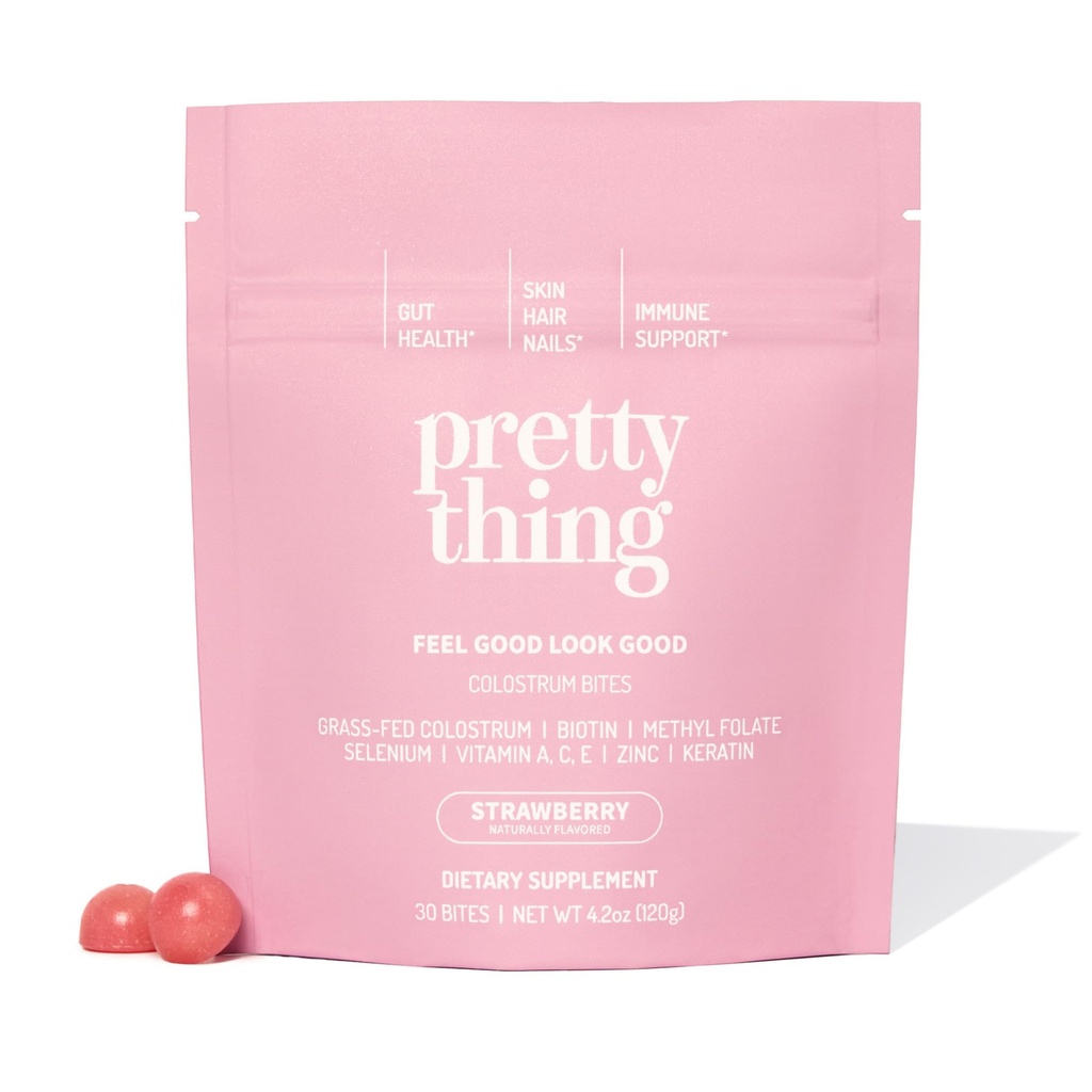 Pretty Thing Colostrum Bites for Women – 1g Bovine Colostrum Bites with Biotin, Folate, Zinc, Vitamins A C E – Beauty and Wellness Supplement for Hair, Skin, Gut, and Immune Health - 30 Pack
