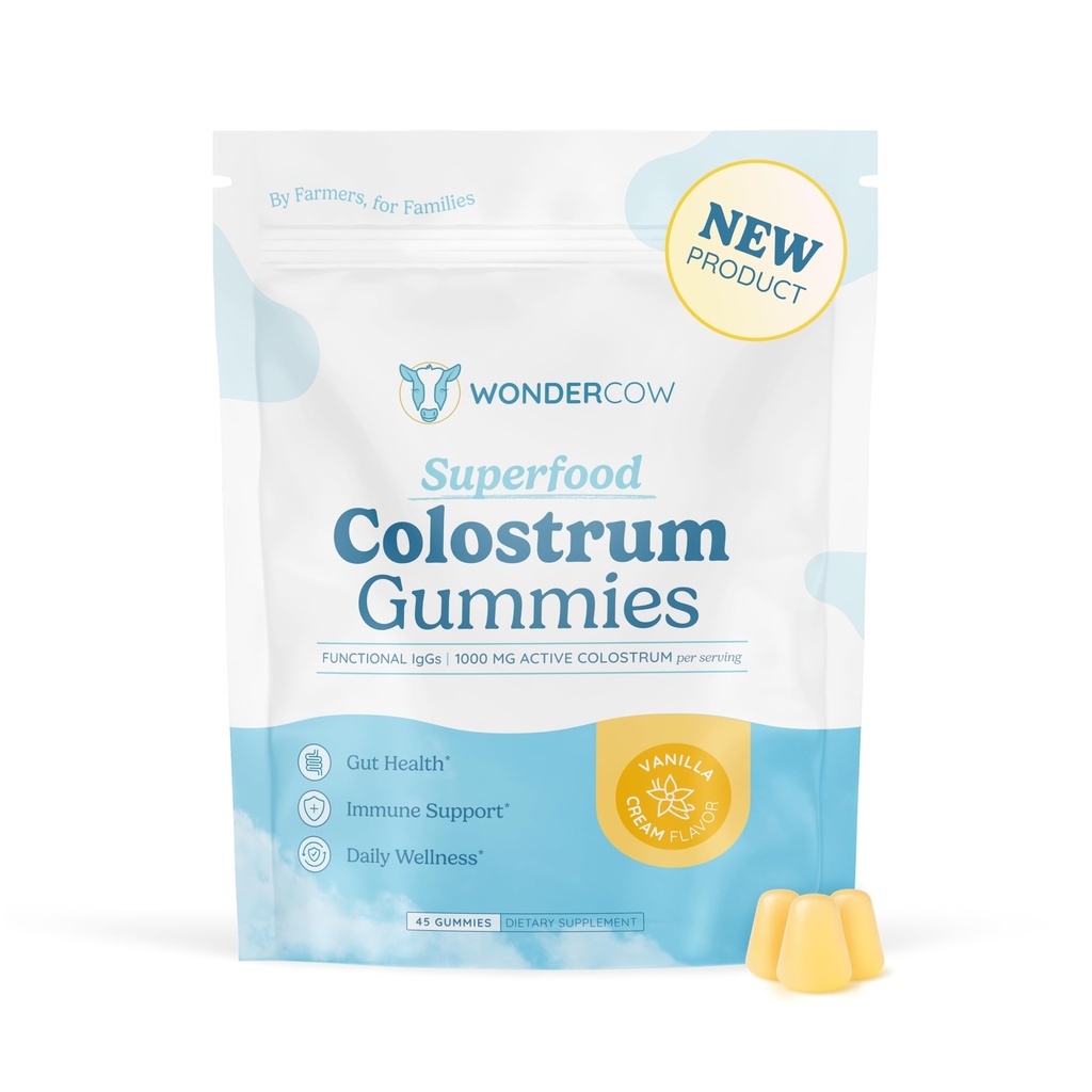 WONDERCOW Colostrum Gummies for Gut Health, Immune Support & Wellness | Natural IgG Whole Bovine Colostrum Supplement, 1,000mg per Serving (45 Gummies (15 Servings), Vanilla Cream)