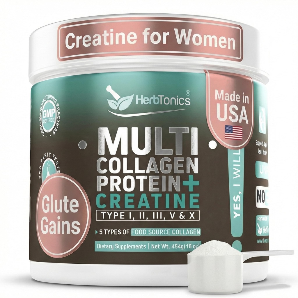 Herbtonics Creatine for Women 5000mg Creatine Monohydrate + Multi Collagen Protein Powder (Type I, II, III, V, X) – Lean Muscle, Recovery & Skin Support – Grass-Fed, No Bloat, Unflavored – 30 Servings