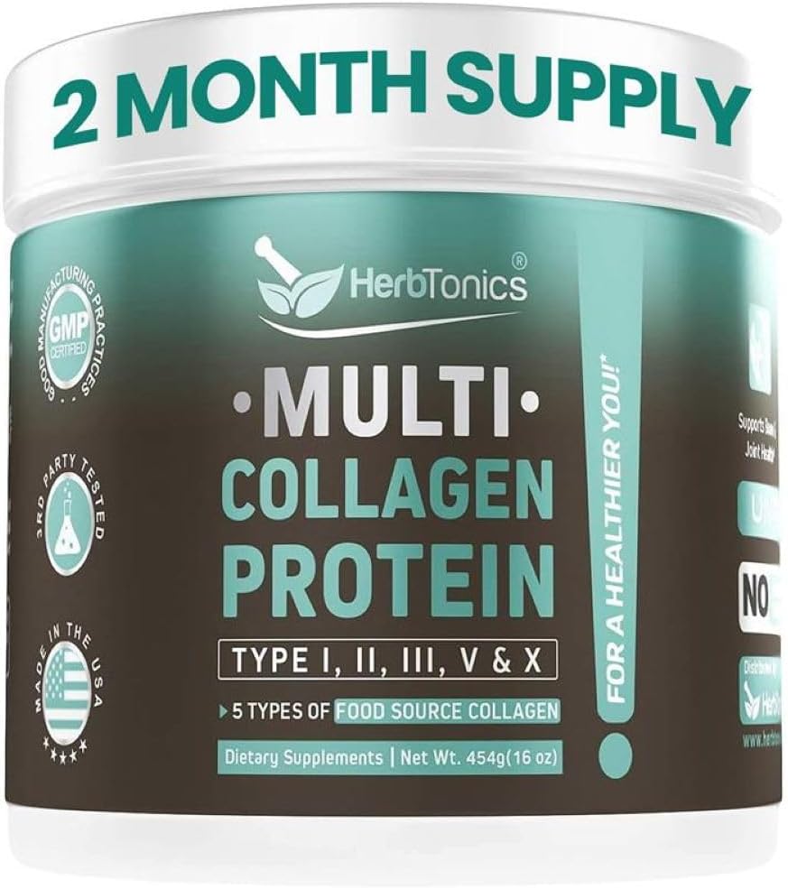 Herbtonics Multi Collagen Protein Powder - Herbagen Collagen Peptides (Type 1, 2, 3, 5, 10) pour la santé articulaire, cutanée et osseuse.