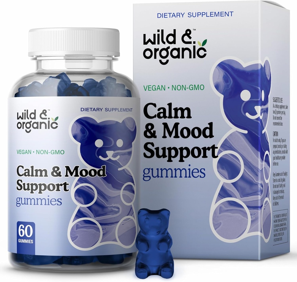 Wild & Organic Calm & Mood Gummies - Supplément de soutien d'humeur - Calmer les chews avec la racine Ashwagandha, Rhodiola Rosea, Lemon Baume - Suppléments Ashwagandha Gummies - 60 Comte