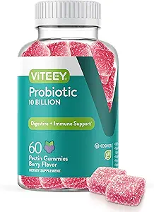 Gommies probiotiques Viteey pour les femmes, les hommes et les adolescents - Capacité maximale de 10 milliards de cellules - Probiotiques pour la santé digestive, soutien immunitaire - Végétarien, sans gélatine, sans OGM - aromatisé aux baies à croquer