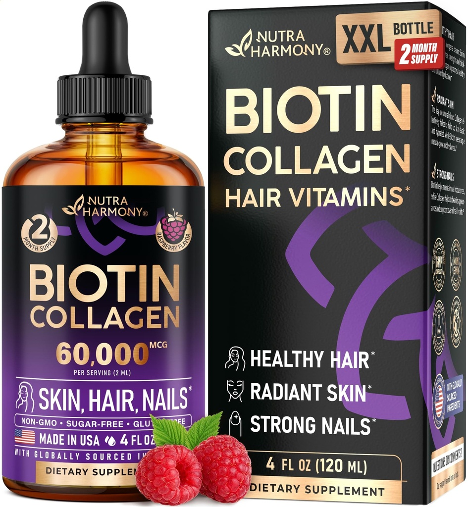 Liquid Biotin & Collagen 60,000 mcg - Vitamins for Hair Growth Support - Extra Strength Drops for Women & Men - Liquid Collagen Supplement - Strong Nails & Healthy Skin - Raspberry Flavor, 4 Fl Oz