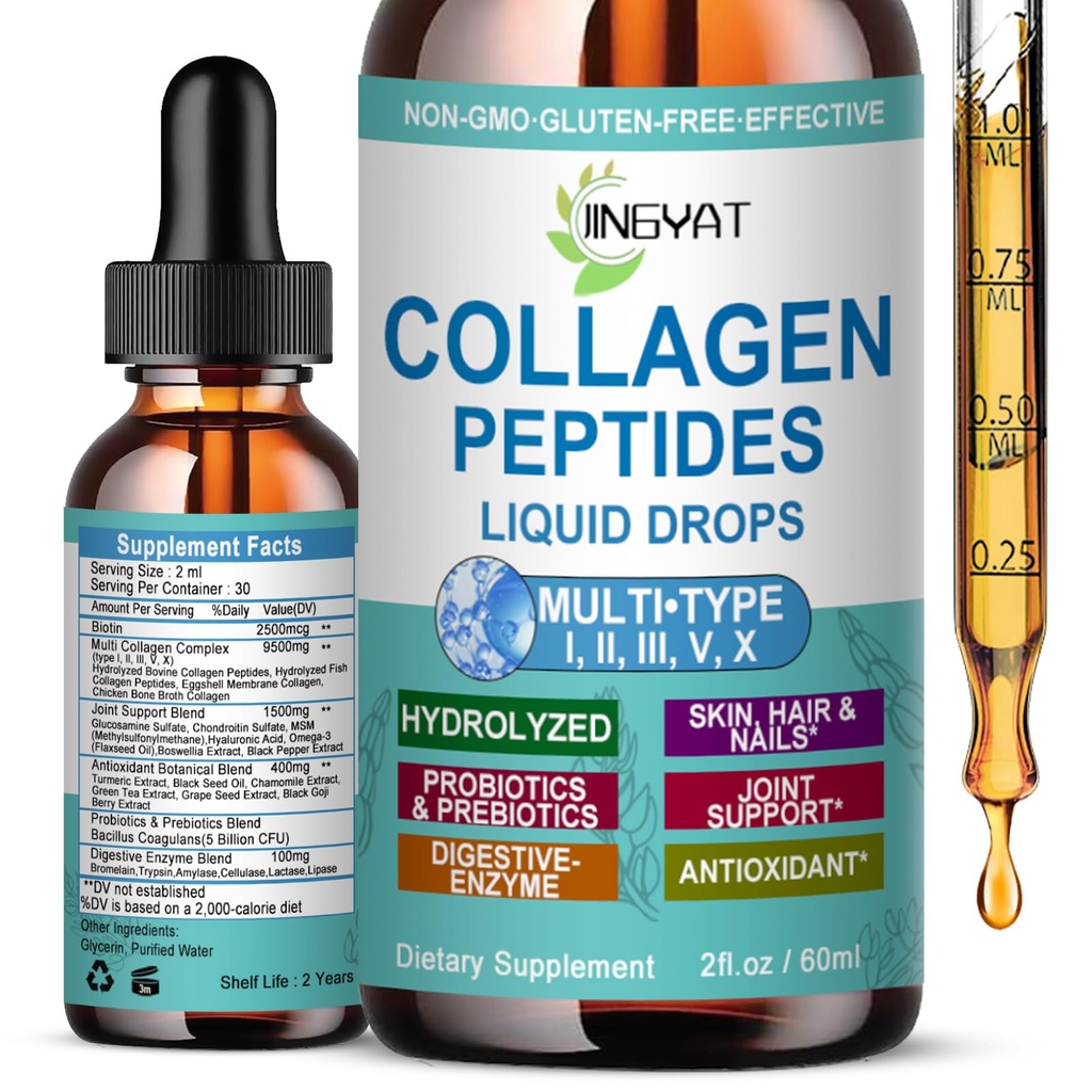 Collagen Peptides Liquid Drops, Multi Collagen Peptide for Skin Hair Nail Joints Bones Gut Health, Hydrolyzed Liquid Collagen Peptides w/Glucosamine Chondroitin MSM Biotin Vitamins for Women and Men