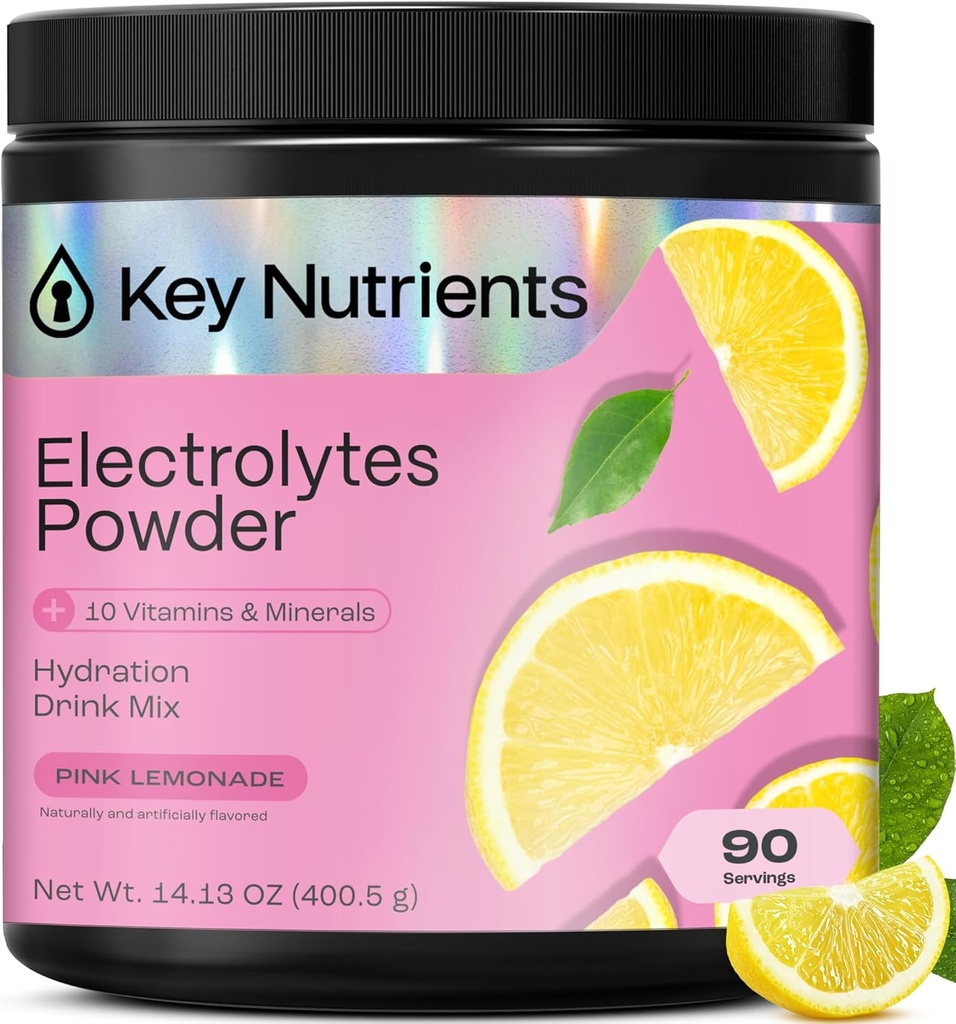 NUTRIENTS CLÉS Multivitamine Electrolytes Poudre Pas de sucre - Poudre d'électrolyte de citron rose frais - Supplément Endurance & Energie - Poudre d'hydratation - Pas de Calories - 90 portions - Fabriqué aux États-Unis