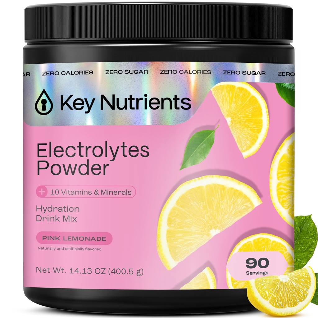 NUTRIENTS CLÉS Multivitamine Electrolytes Poudre Pas de sucre - Poudre d'électrolyte de citron rose frais - Supplément Endurance & Energie - Poudre d'hydratation - Pas de Calories - 90 portions - Fabriqué aux États-Unis