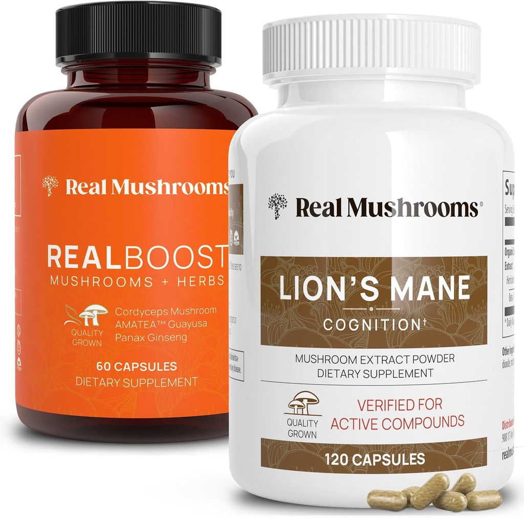 Real Champignons RealBoost (60ct) et Lions Mane (120ct) Capsules Bundle - Supplément Champignon pour l'énergie, la vitalité et la cognition - Énergie et Vitamines cérébrales avec/Cordyceps, Ginseng, Guayusa - Vegan, Non-OGM