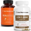 Real Champignons RealBoost (60ct) et Lions Mane (120ct) Capsules Bundle - Supplément Champignon pour l'énergie, la vitalité et la cognition - Énergie et Vitamines cérébrales avec/Cordyceps, Ginseng, Guayusa - Vegan, Non-OGM
