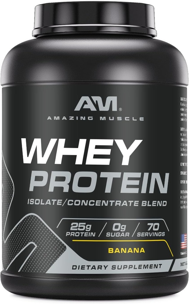 Amazing Muscle 100% Whey Protéine Poudre *Formule avancée avec la protéine Whey Isolate comme ingrédient primaire avec concentré de protéines de lactosérum ultra filtré (Banana, 5 Lb)