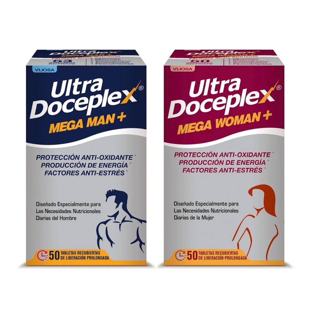 Ultra Doceplex Mega Man+ & Mega Woman+ – Antioxidant, Energy Boost, Stress Relief – 50 Prolonged-Release Tablets Each – Tailored Daily Nutrition for Men and Women