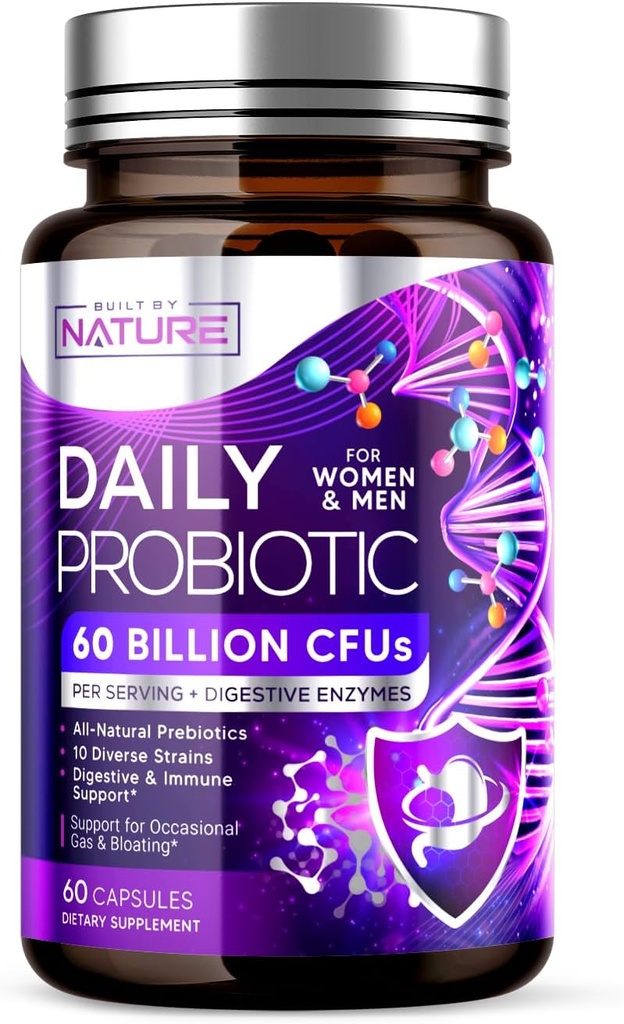 Construit par Nature Probiotic pour les femmes et les hommes – 60 milliards CFU, 10 souches + prébiotiques et enzymes digestives – soutient digestif, immunitaire, réduire le gaz et le ballonnement – plateau stable, non-OGM - 60 capsules