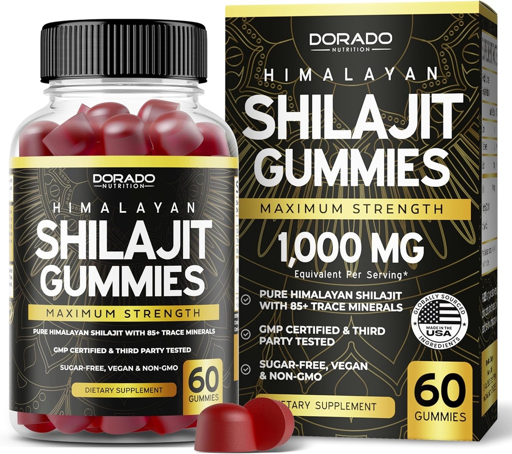 Shilajit Gummies pour les hommes et les femmes 1000mg (grade d'or de haute puissance avec 85+ minéraux traces avec l'acide fulvic) - Soutien de l'énergie et de l'immunité - tiers testé, non OGM, végétalien et fabriqué aux États-Unis - (60 Gummies)