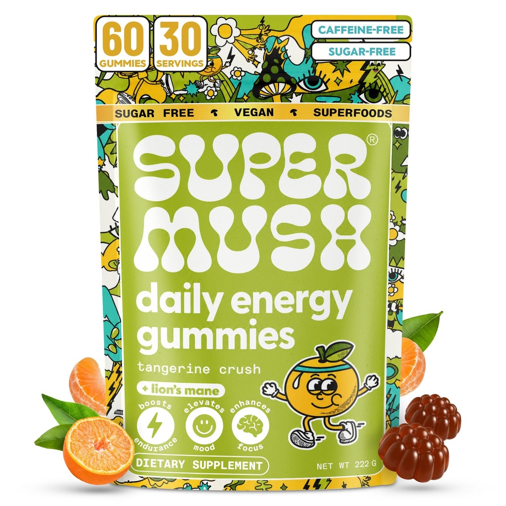 Gommies de champignons de l'énergie - Supplément de la Manille de Lions bio avec Cordyceps, Rhodiola, L-Theanine, Maca - Vegan & sans sucre - Énergie, Focus, Stamine, Réduction du stress - 60 Gommies (30 portions)