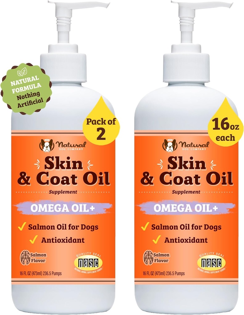 Natural Dog Company 2 Pack - 16 oz. Huile de peau et de manteau, soutient la santé de la peau, suppléments d'huile de poisson pour les chiens, acides gras, antioxydant, pour les familles de chiens multiples, grands chiens de race, 32 oz. Valeur