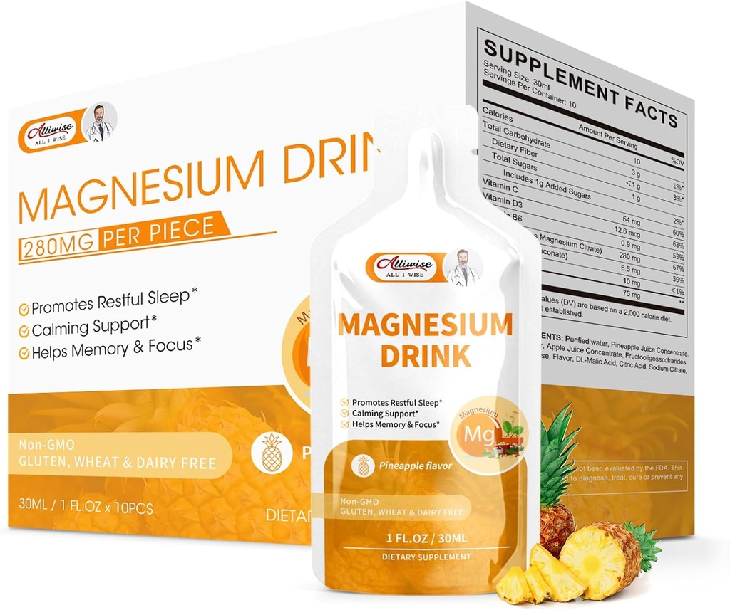 Citrate de magnésium Liquid Magnésium Solution buvable avec vitamine, zinc et bromelain de sodium, complément de magnésium essentiel Soutien Immune, os santé et zzz, saveur d'ananas, 10 Fl Oz