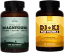 Rhythme naturel Triple Calme Magnésium 150 mg - 120 Capsules – Supplément composé complexe de magnésium W/Rhythme naturel Vitamine D3 + K2 (MK7) Plus Vitamine A, pour la santé des os, du coeur et des immunes, 30 Capsules