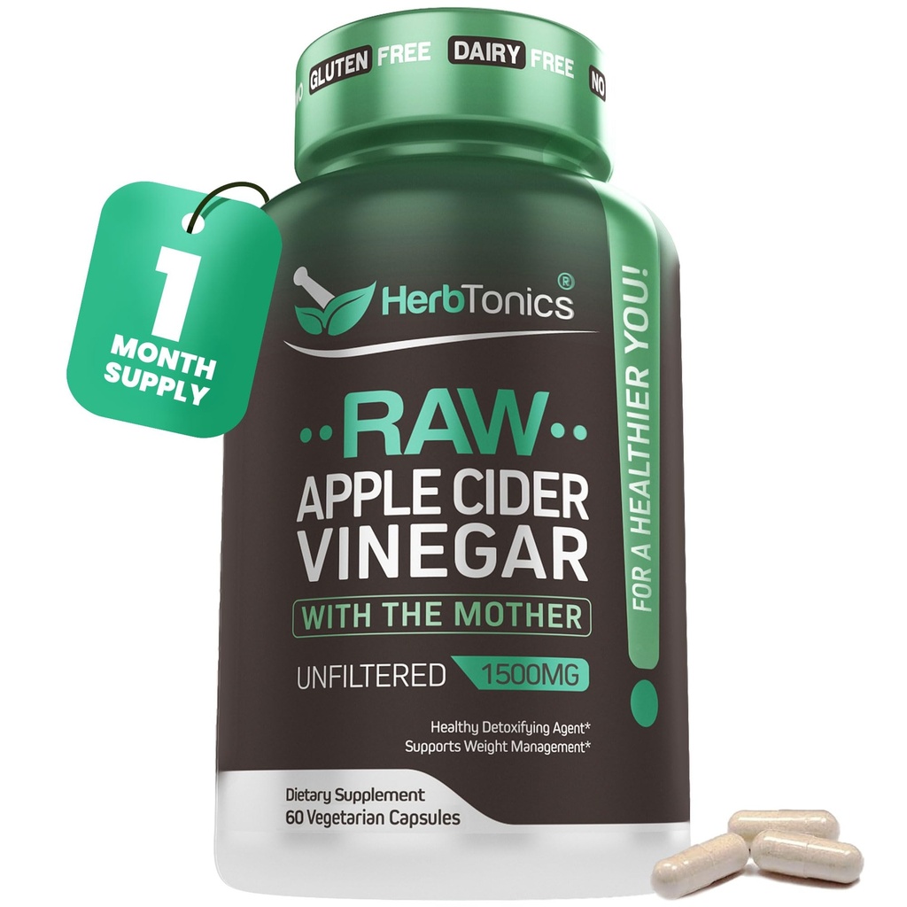 Herbtonics Raw Apple Cider Vinegar Capsules 1500mg with The Mother | Unfiltered ACV Pills for Bloating Relief, Digestion, Metabolism & Weight Support | 60 Vegan Capsules (1 Month Supply)