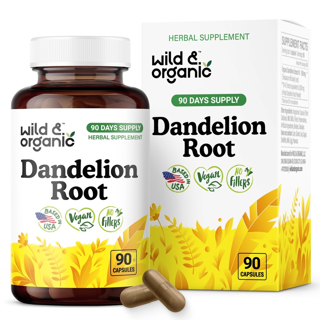 Wild & Organic Dandelion Root Capsules - Liver Detox Supplements - Fresh Dandelion Root Powder per Capsule - 90 Vegan Capsules - 3 Month Supply - No Fillers, Non-GMO