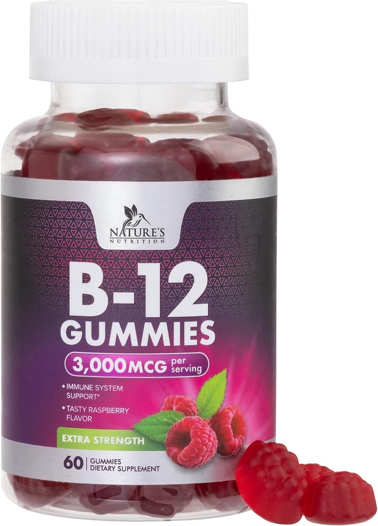 B12 Vitamines Énergie Gommies 3000 mcg - Extra Strength B 12 Gommy pour le métabolisme et le système immunitaire Support - Suppléments diététiques à croquer B12 pour adultes et enfants Vitamine sans caféine - 60 Gommies