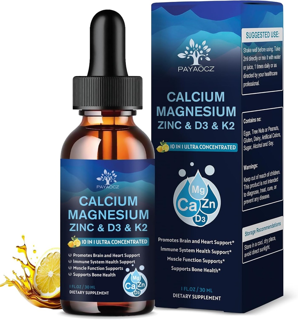 (4 Pack) 10 en 1 supplément au zinc de magnésium de calcium, gouttes liquides complexes de glycin de magnésium avec vitamine D3 K2 B6, Citrate de calcium végétalien Bone & Immunissance, Sommeil et Crampes, Boron, 1 Fl Oz