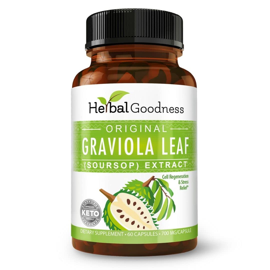 Herbal Goodness Soursop Capsules - 4X Strength Guanabana Soursop Leaves Extract for Cell Function & Immune Support | Digestive Health Supplement - Non GMO, USDA Organic Graviola 60 Vegan Pills 700mg
