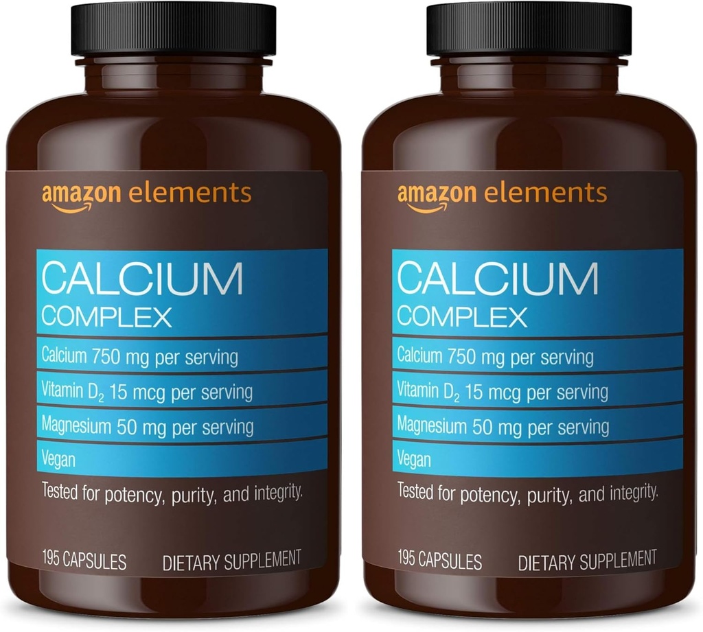 Éléments Complexe de calcium avec vitamine D, 250 mg de calcium (3 par portion), végétalien, 195 capsules (paquetage mai vary), soutient les os forts et la santé immunitaire (paquet de 2)