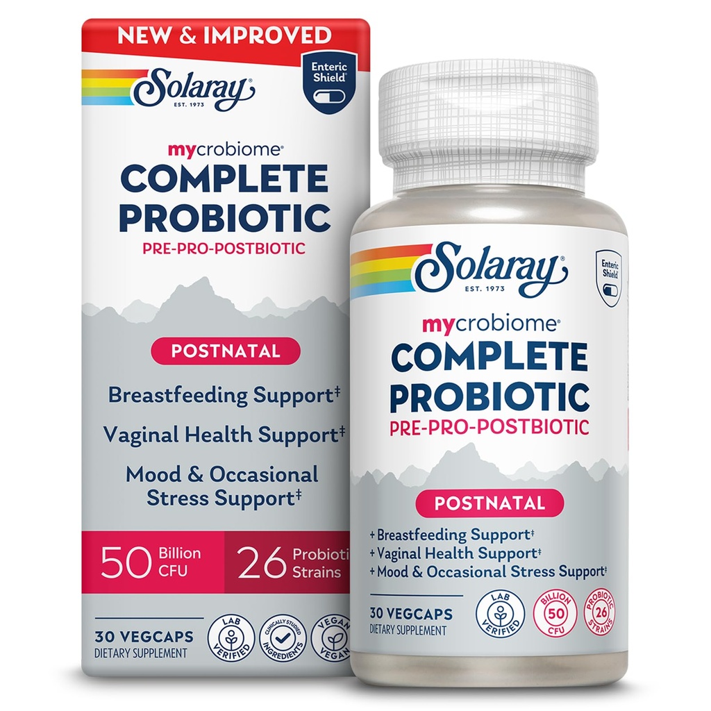 SOLARAY Mycrobiome Complete Probiotic Postnatal - Pre and Probiotics for Women and Men Plus Postbiotic - 50 Billion CFU, 23 Strains - Vegan, Clinically Studied Ingredients - 30 Servings, 30 VegCaps
