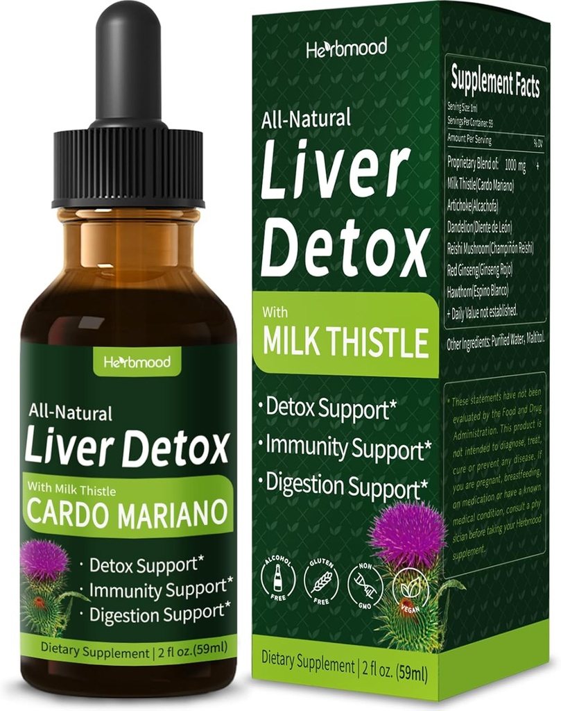 Lait Thistle Foie Détox gouttes, Cardo Mariano (con Silimarina) y Diente de León para el Hígado Graso, Supplément de soutien du foie avec/Artichaut & Extrait de dandelion pour nettoyage et réparation du foie. 2oz
