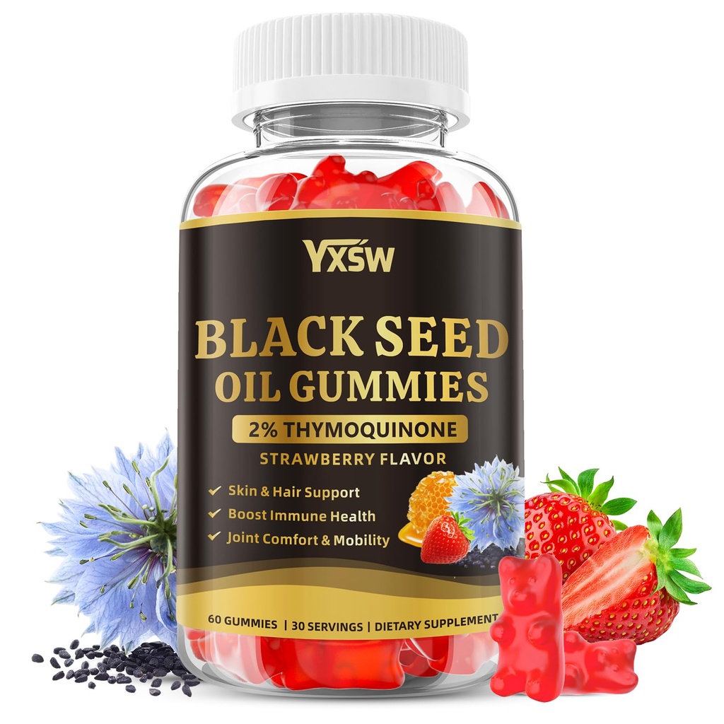 Black Seed Oil Gummies 500mg with Honey and 2% Thymoquinone, Nigella Sativa Seeds for Boost Immune Health, Joints, Digestion, Hair & Skin, Strawberry Flavor, 60 Count