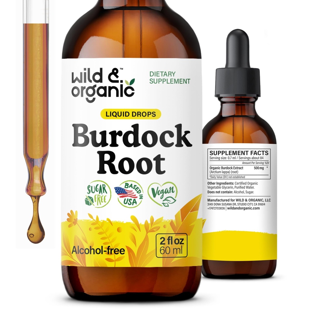 Wild & Organic Burdock Root Extract Drops - Detox, Antioxidant & Lymphatic Support - Liquid Burdock Root Supplement - Add to Tea Tincture - Arctium Lappa Herb - Vegan, Sugar & Alcohol-Free - 2 fl oz
