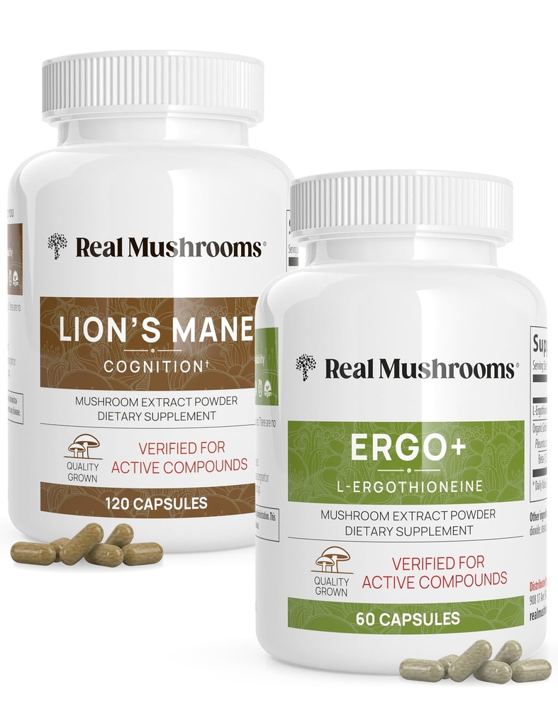 Ergothioneine (60ct) et Lions Mane (120ct) Ensemble avec extraits de champignons Shiitake et Oyster - Longévité et cognition - Vegan, sans gluten, non-OGM